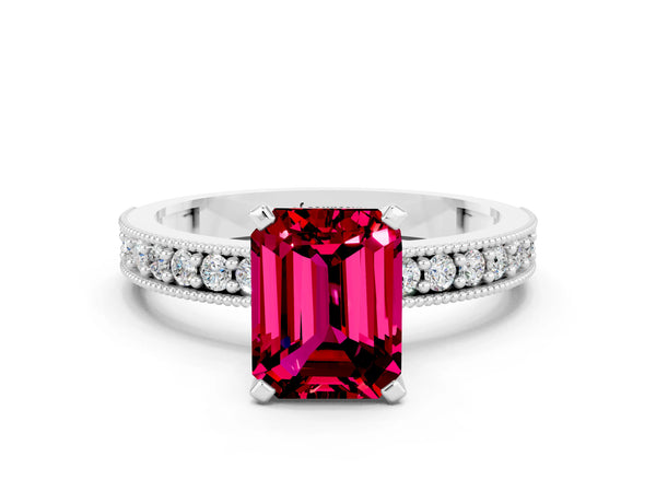 Platinum Emerald Cut Garnet Milgrain Pavé Engagement Ring with Four-Prong Setting