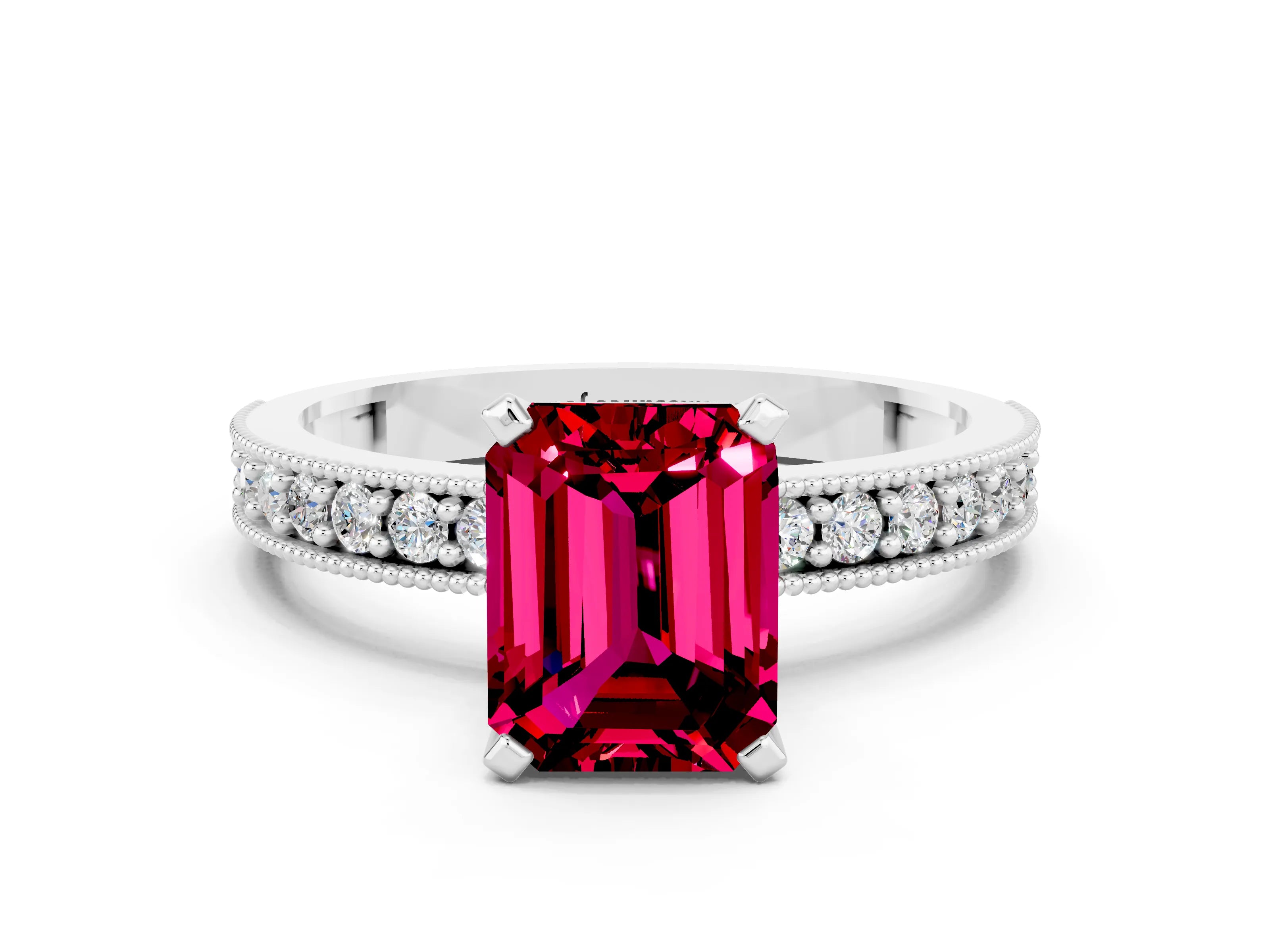 White gold Emerald Cut Garnet Milgrain Pavé Engagement Ring with Four-Prong Setting_12