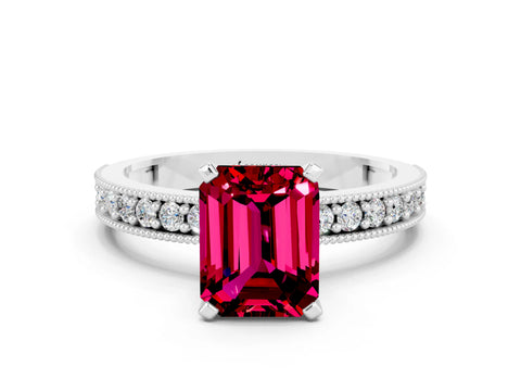 White gold Emerald Cut Garnet Milgrain Pavé Engagement Ring with Four-Prong Setting_12