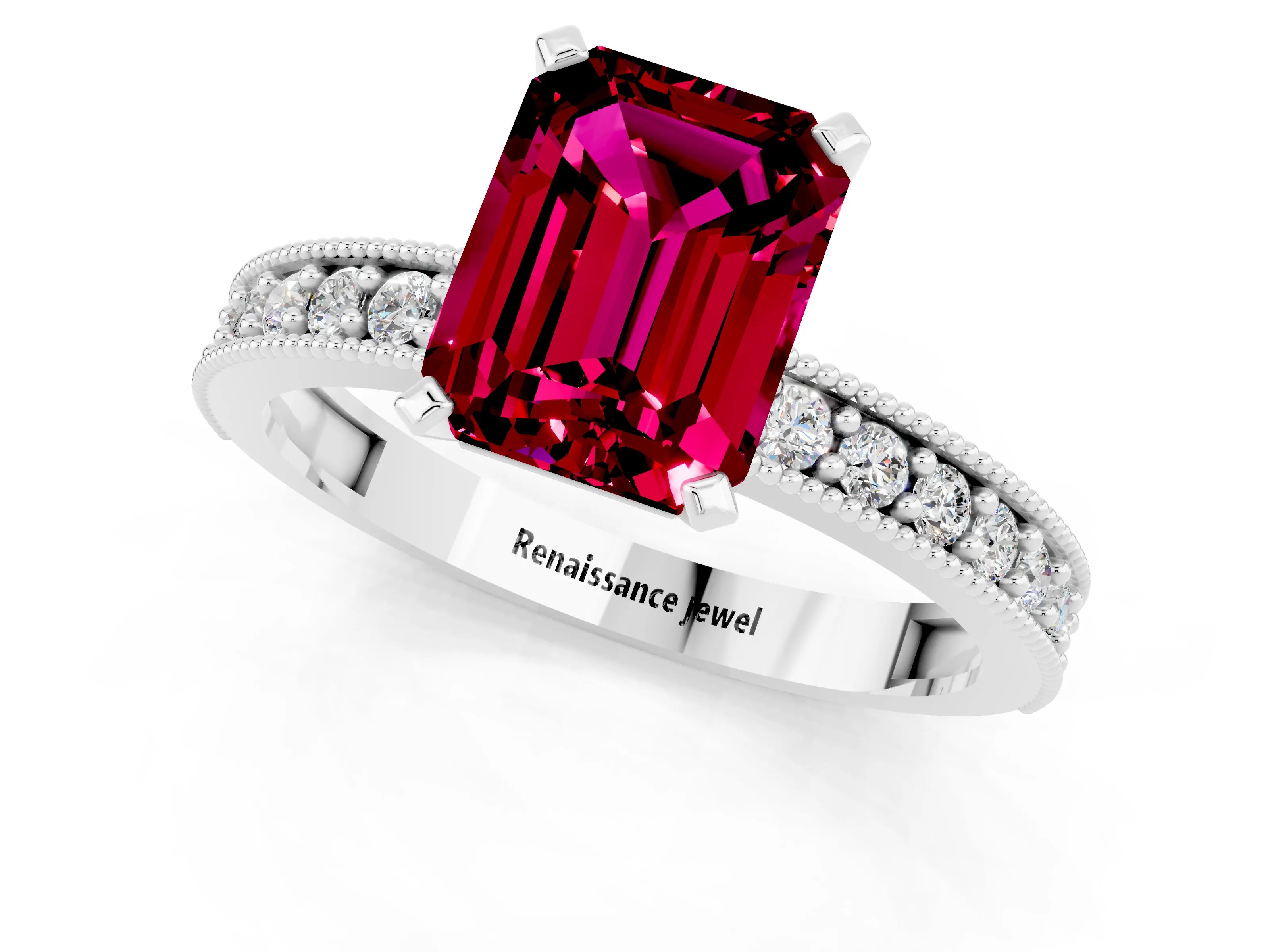 White gold Emerald Cut Garnet Milgrain Pavé Engagement Ring with Four-Prong Setting_13