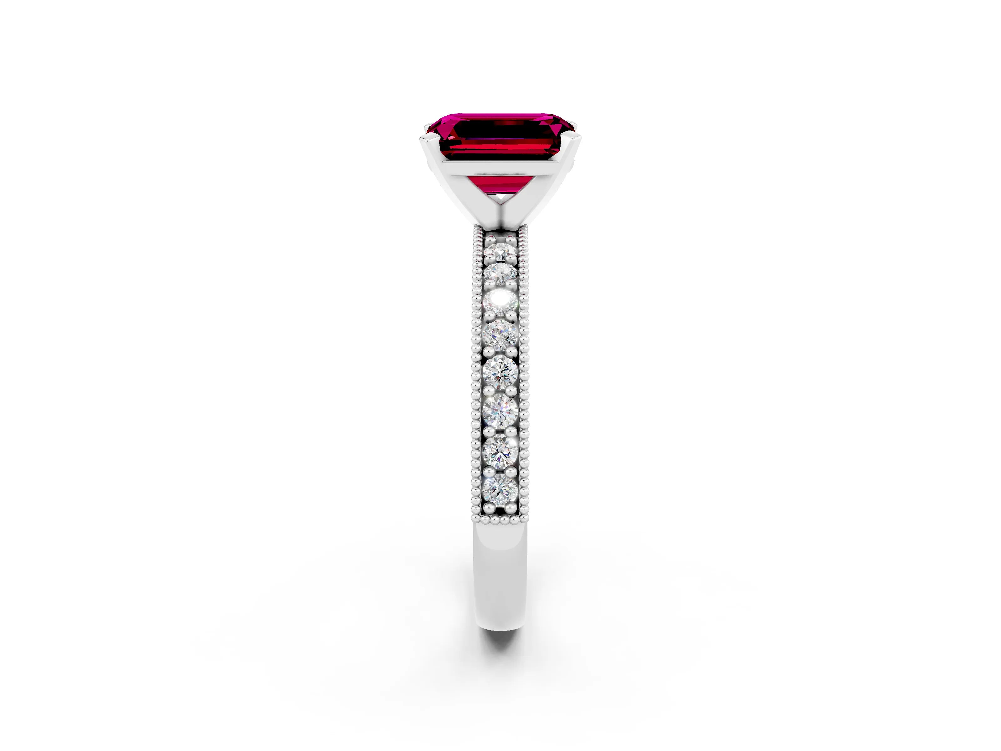 White gold Emerald Cut Garnet Milgrain Pavé Engagement Ring with Four-Prong Setting_14