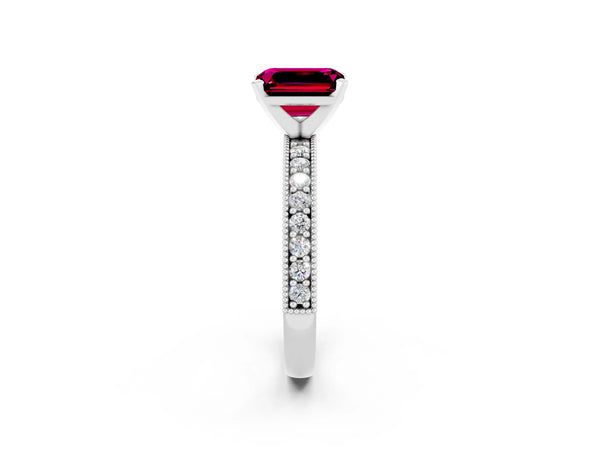Platinum Emerald Cut Garnet Milgrain Pavé Engagement Ring with Four-Prong Setting