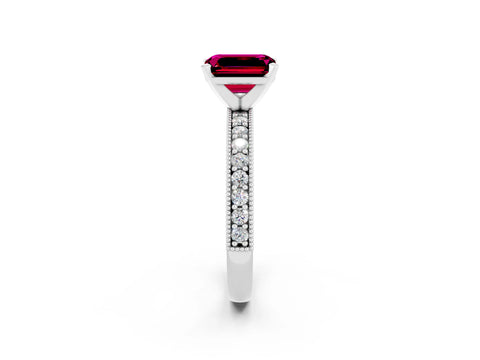 White gold Emerald Cut Garnet Milgrain Pavé Engagement Ring with Four-Prong Setting_14