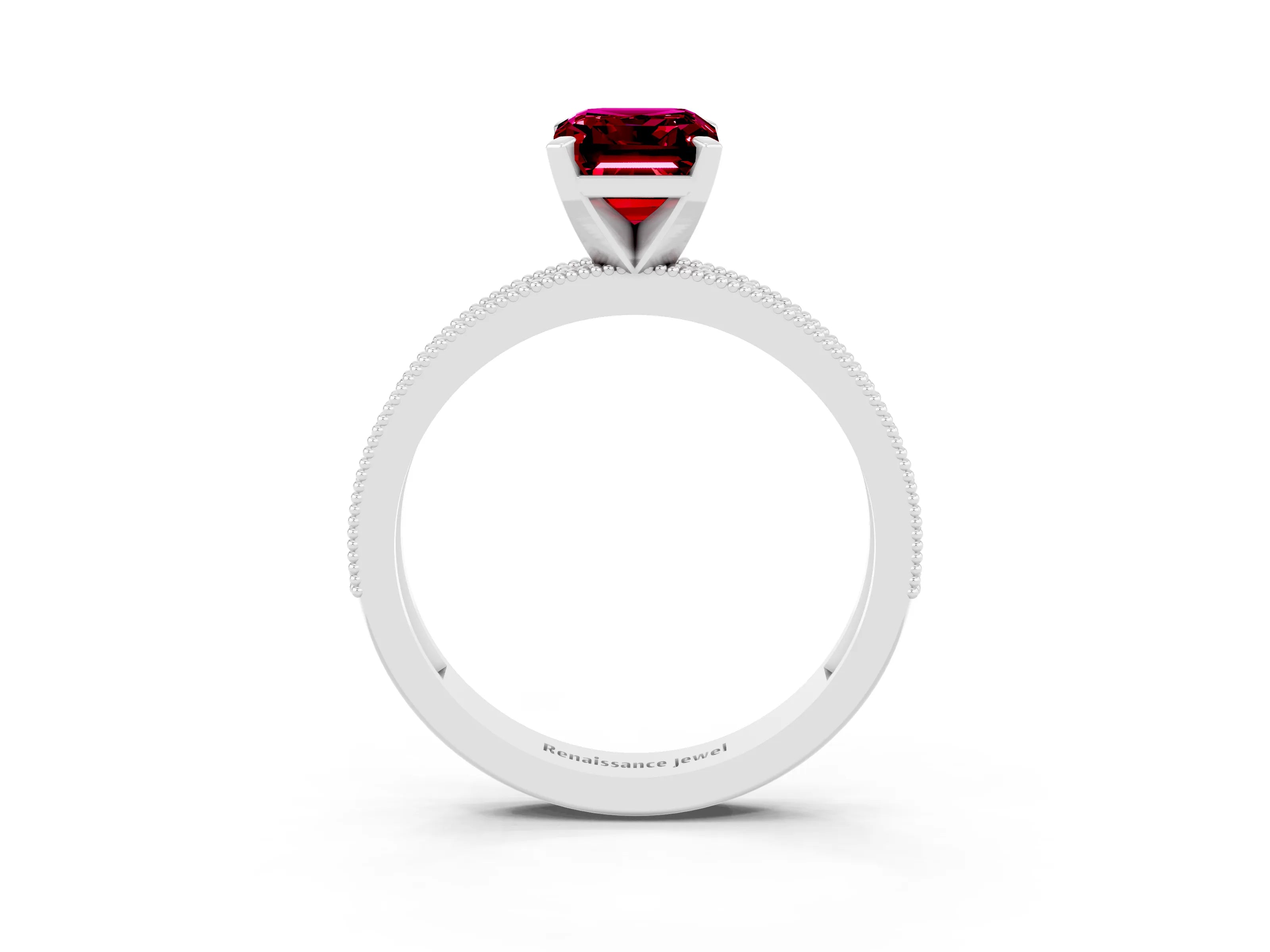 White gold Emerald Cut Garnet Milgrain Pavé Engagement Ring with Four-Prong Setting_15