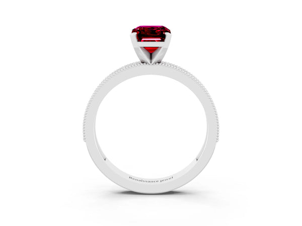 White gold Emerald Cut Garnet Milgrain Pavé Engagement Ring with Four-Prong Setting
