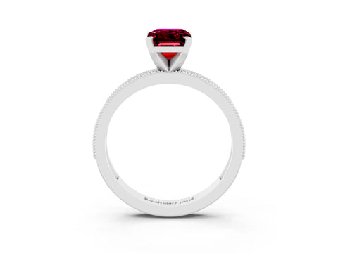 White gold Emerald Cut Garnet Milgrain Pavé Engagement Ring with Four-Prong Setting_15