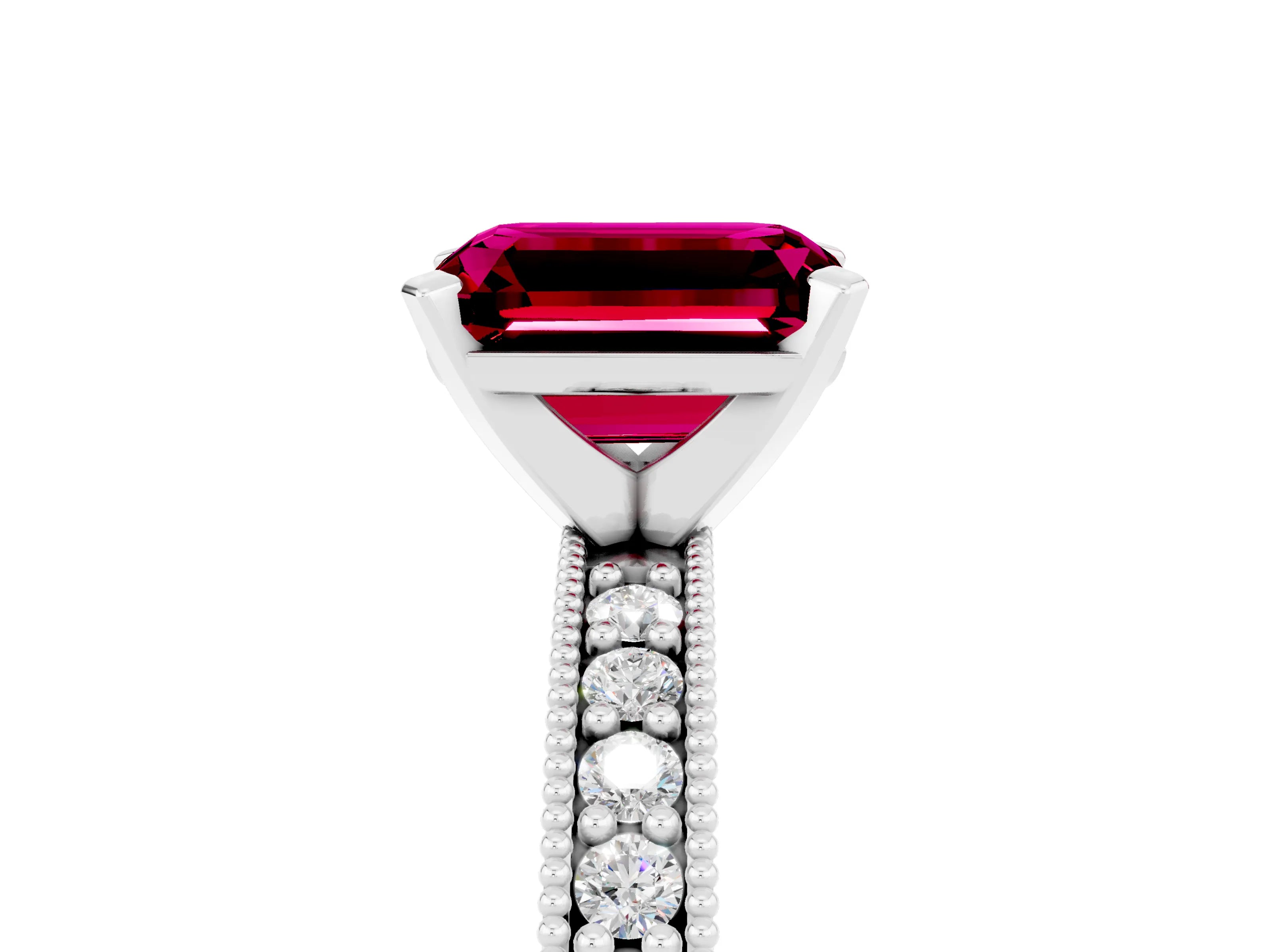 White gold Emerald Cut Garnet Milgrain Pavé Engagement Ring with Four-Prong Setting_17