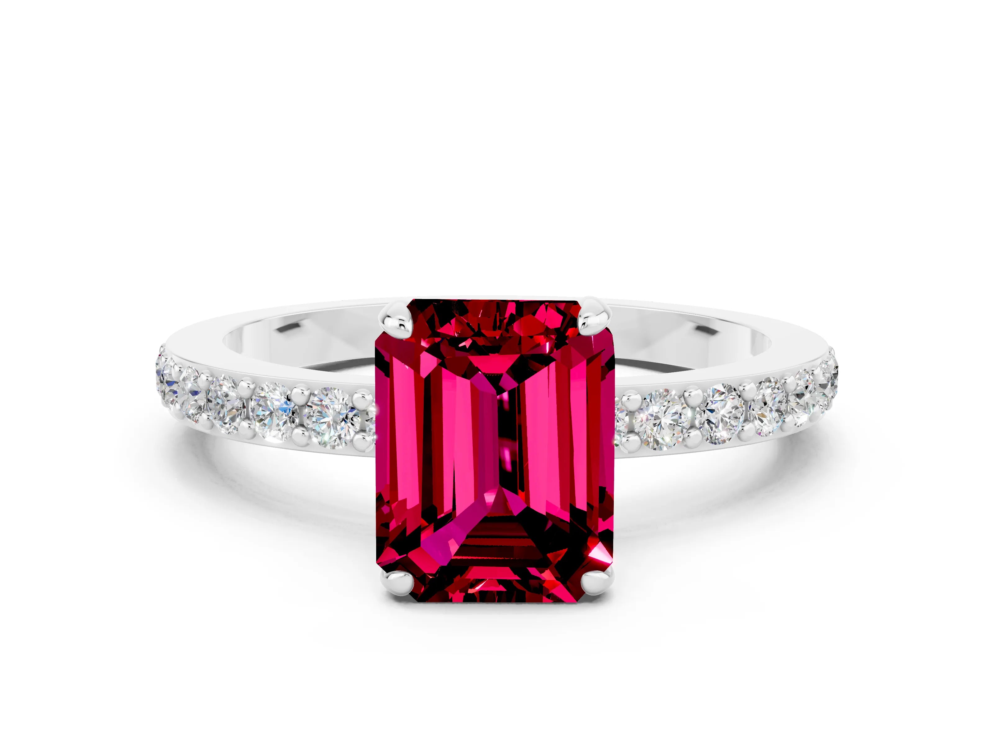 White gold Emerald Cut Garnet Pavé Engagement Ring with Round  Accents and Prong Setting_12