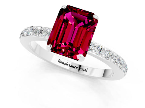 White gold Emerald Cut Garnet Pavé Engagement Ring with Round  Accents and Prong Setting_13