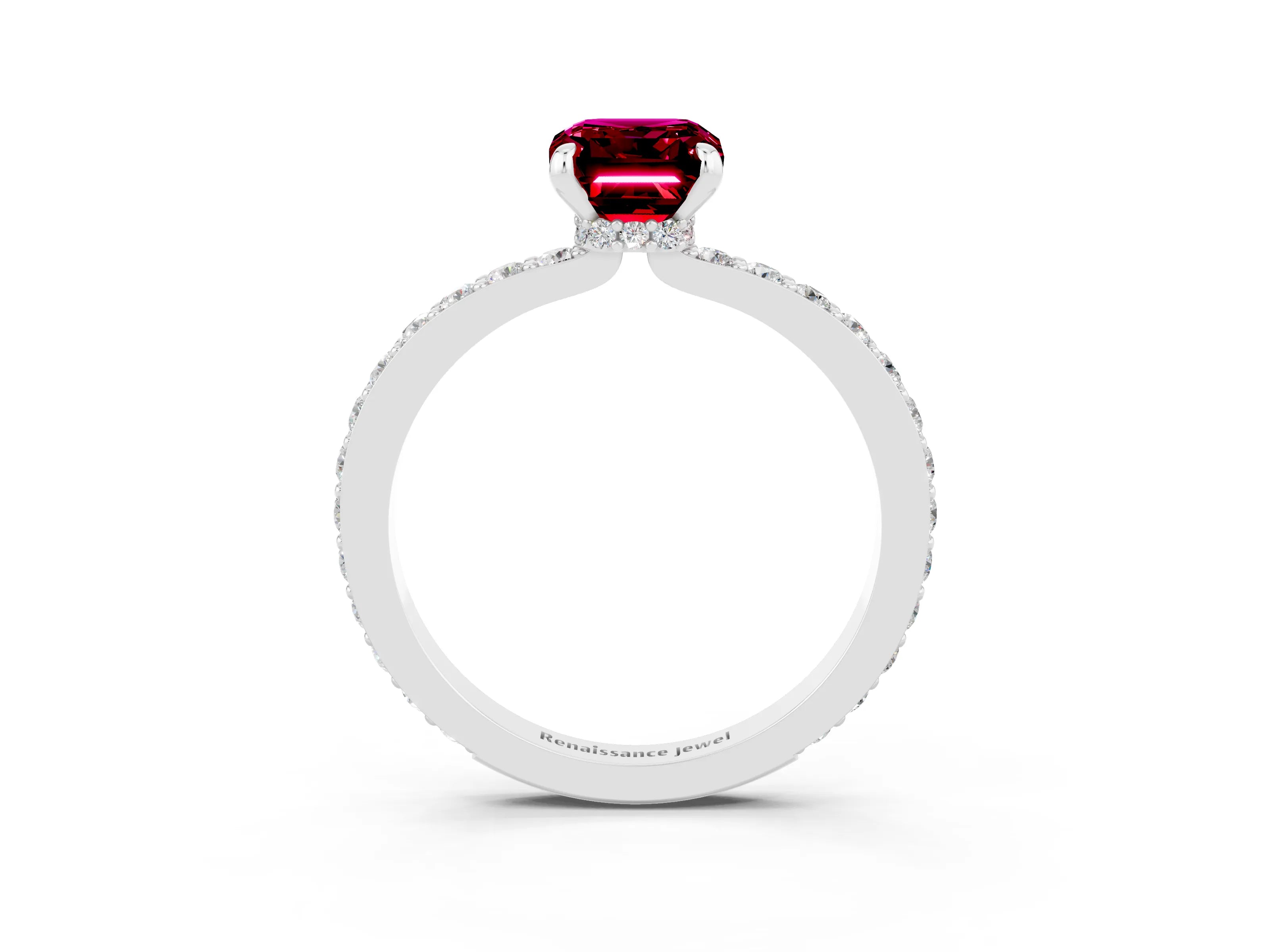 White gold Emerald Cut Garnet Pavé Engagement Ring with Round  Accents and Prong Setting_15