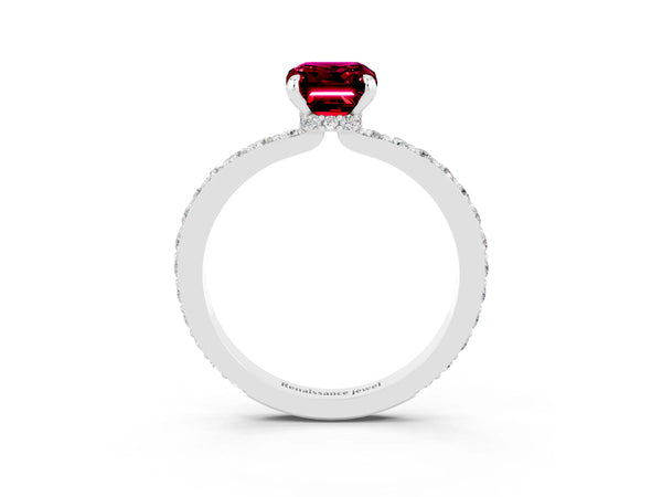 Silver Emerald Cut Garnet Pavé Engagement Ring with Round  Accents and Prong Setting