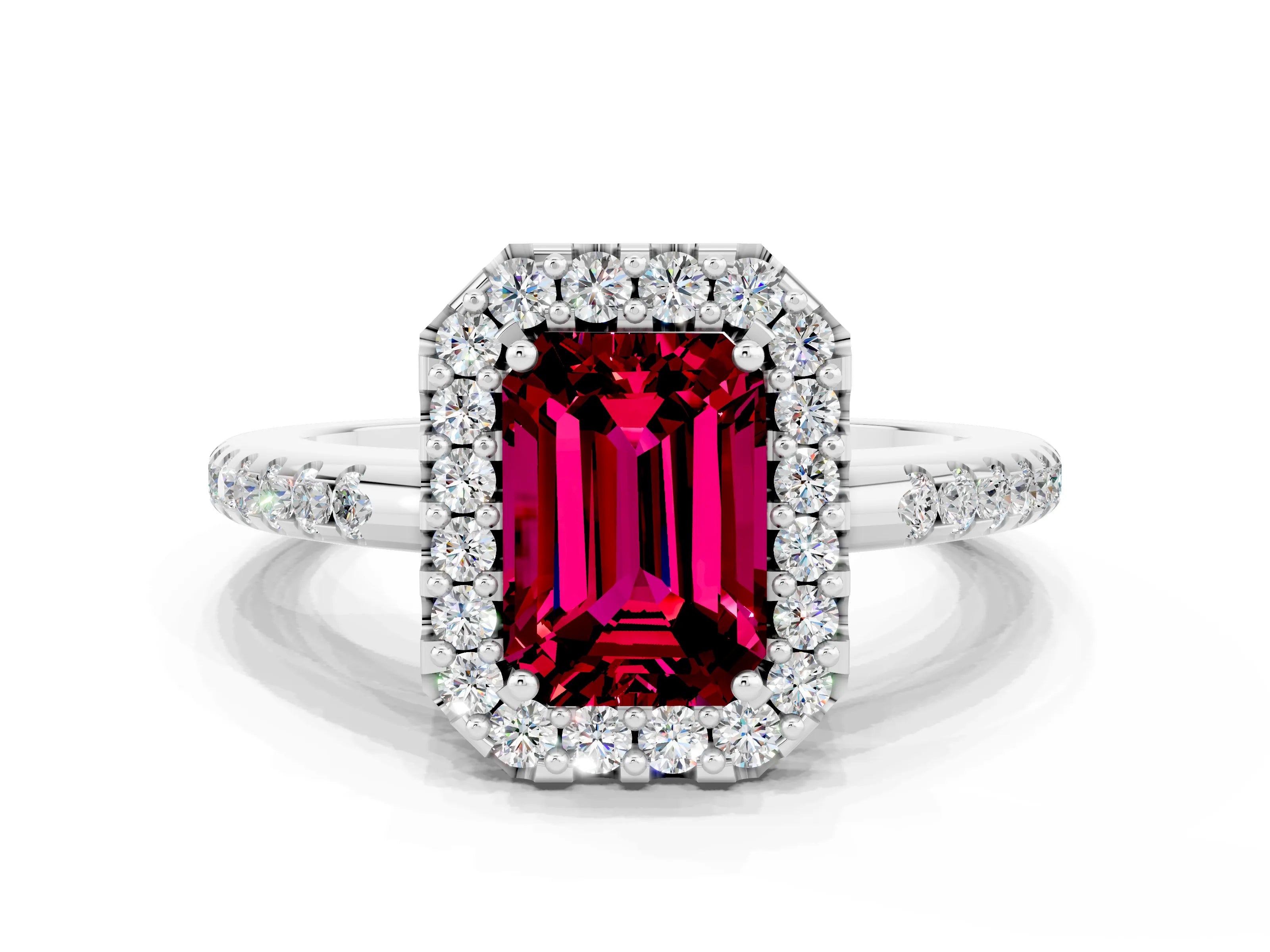 White gold Emerald Cut Garnet Pavé Halo Ring with Four-Prong Setting_12