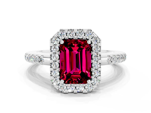Platinum Emerald Cut Garnet Pavé Halo Ring with Four-Prong Setting