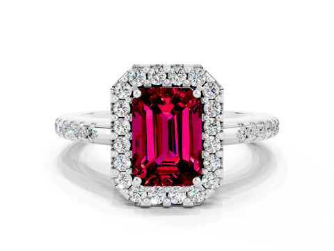 White gold Emerald Cut Garnet Pavé Halo Ring with Four-Prong Setting_12