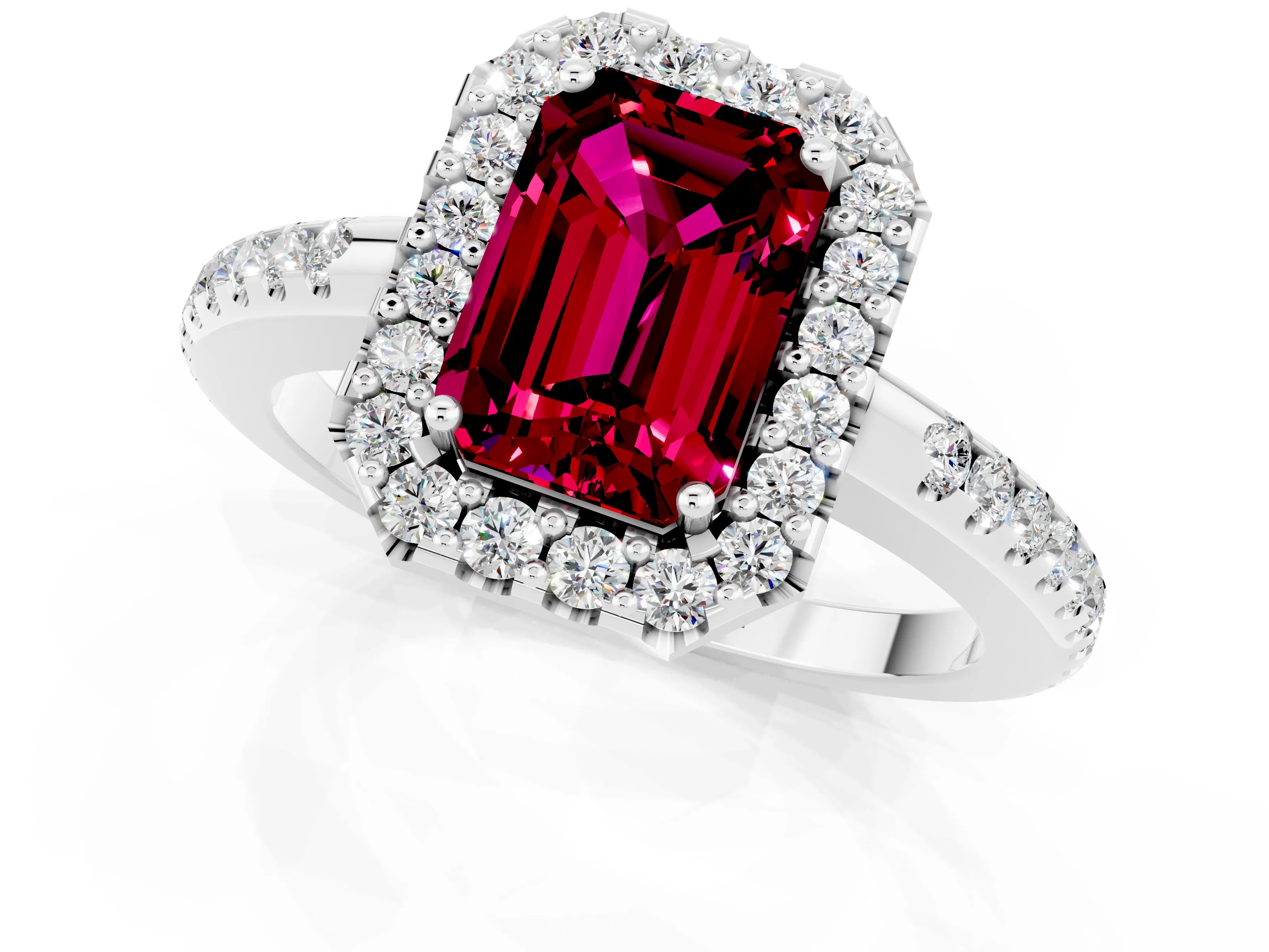 White gold Emerald Cut Garnet Pavé Halo Ring with Four-Prong Setting_13