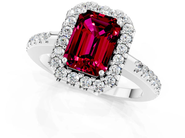 Silver Emerald Cut Garnet Pavé Halo Ring with Four-Prong Setting