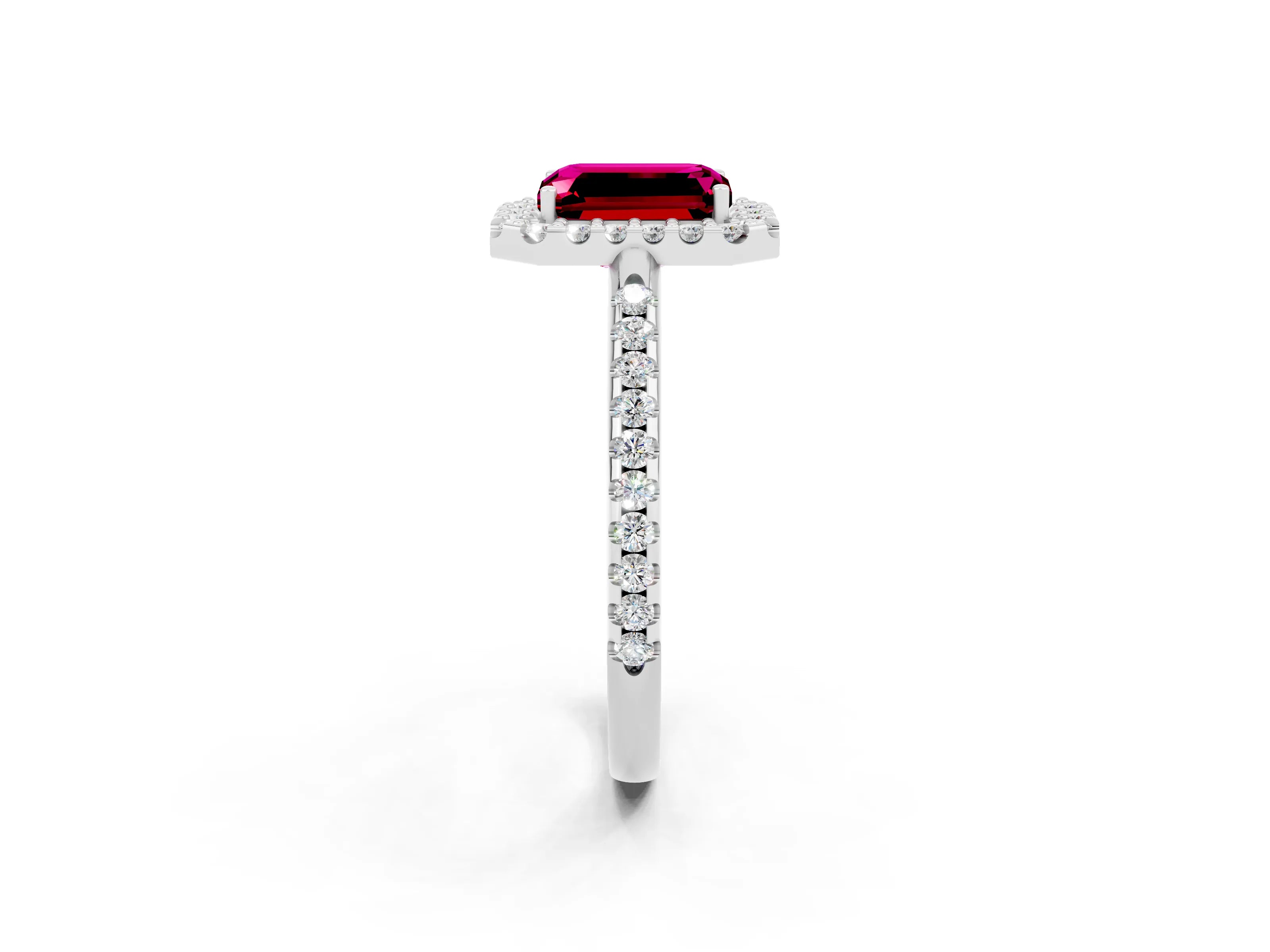 White gold Emerald Cut Garnet Pavé Halo Ring with Four-Prong Setting_14