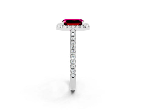 White gold Emerald Cut Garnet Pavé Halo Ring with Four-Prong Setting_14
