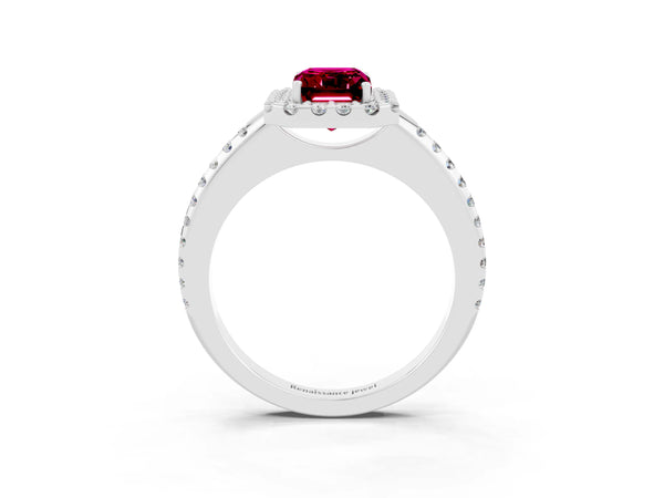 Platinum Emerald Cut Garnet Pavé Halo Ring with Four-Prong Setting