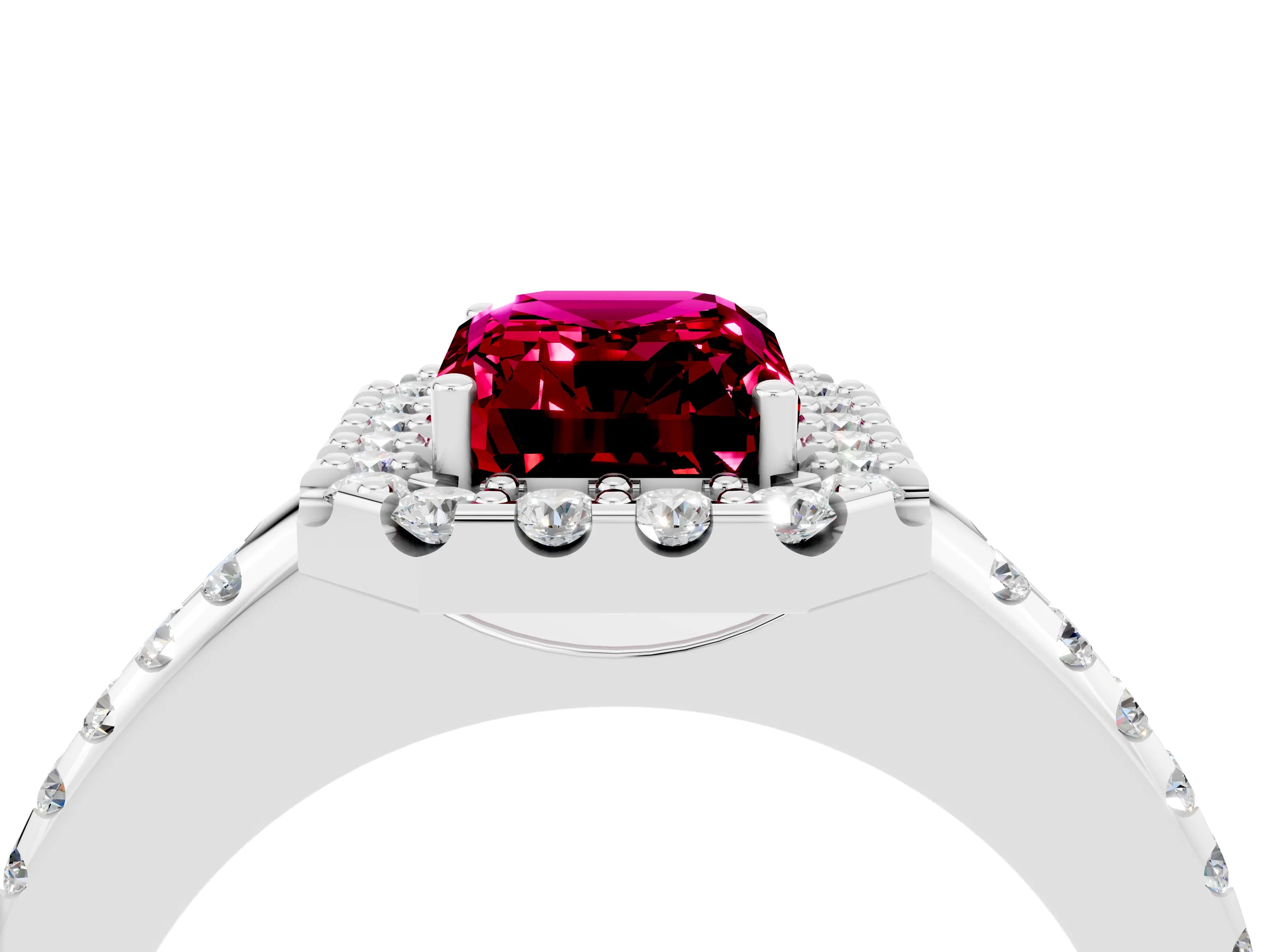 White gold Emerald Cut Garnet Pavé Halo Ring with Four-Prong Setting_16