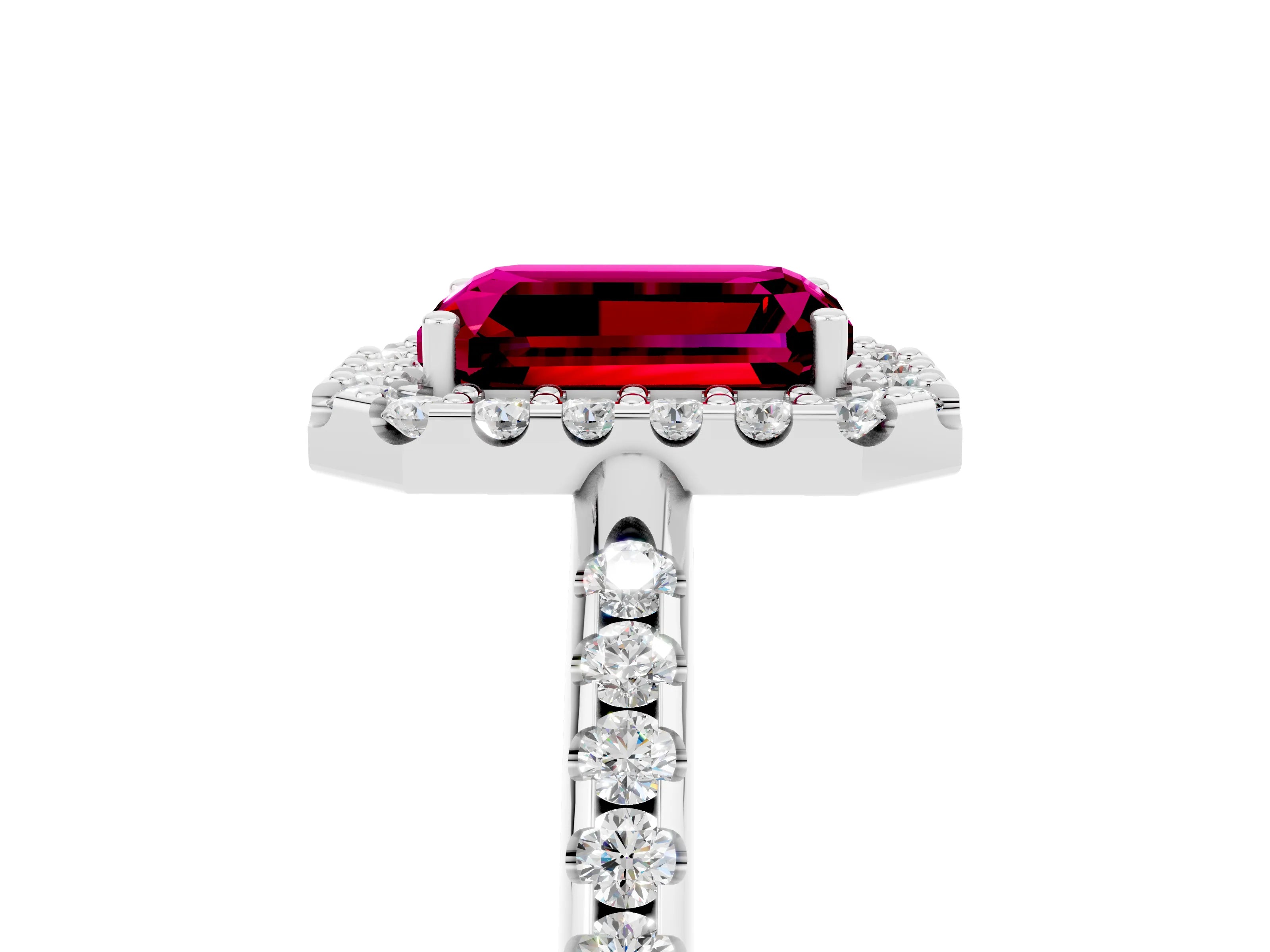 White gold Emerald Cut Garnet Pavé Halo Ring with Four-Prong Setting_17