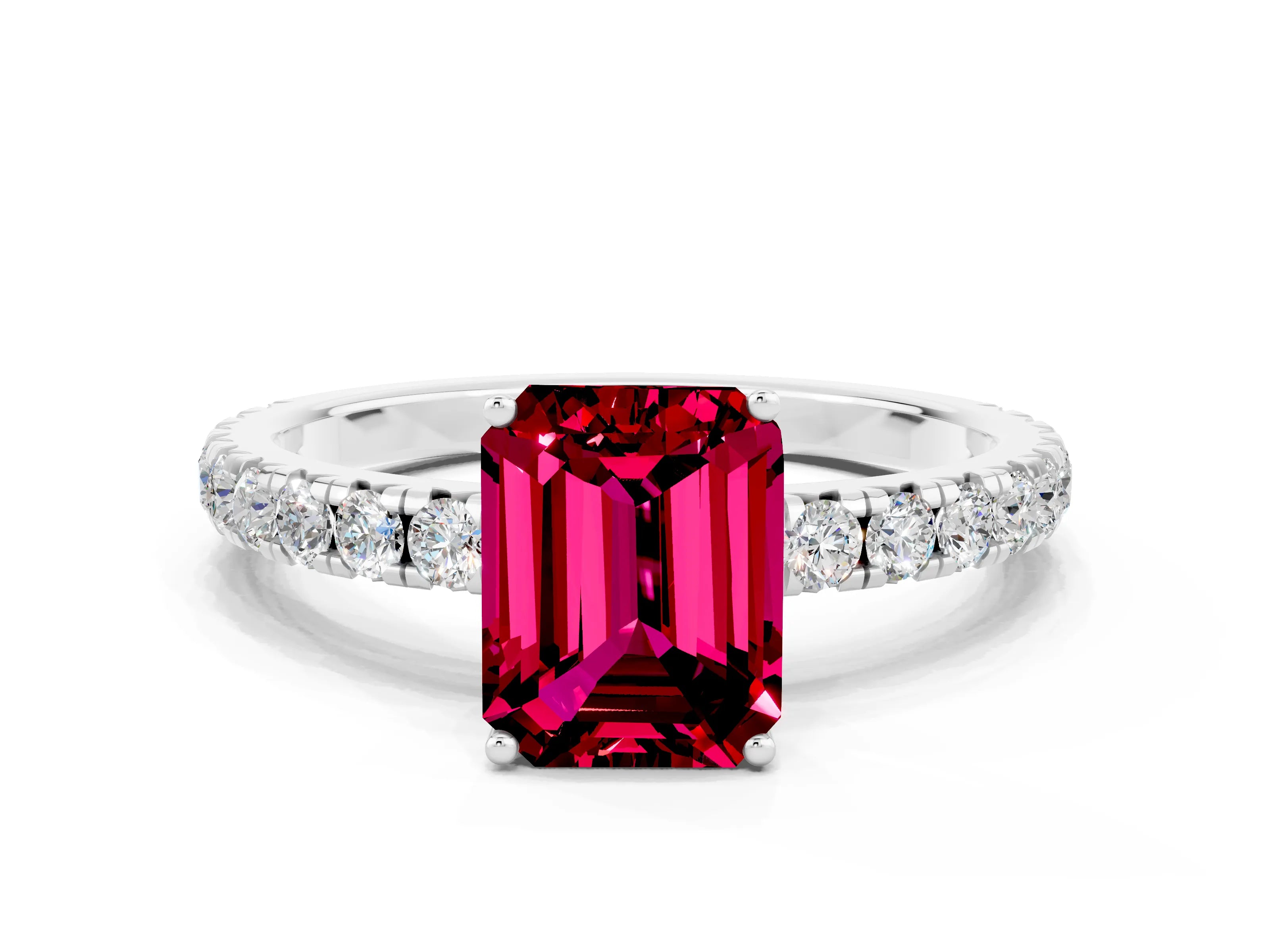 White gold Emerald Cut Garnet Pavé Solitaire Engagement Ring with Four-Prong Setting_12