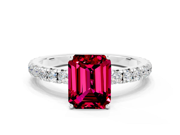 White gold Emerald Cut Garnet Pavé Solitaire Engagement Ring with Four-Prong Setting
