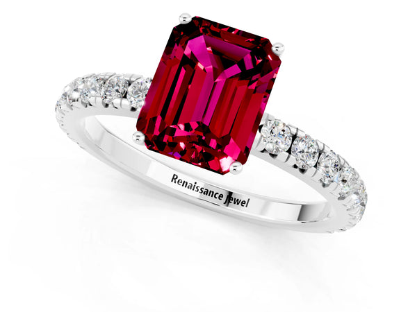 Silver Emerald Cut Garnet Pavé Solitaire Engagement Ring with Four-Prong Setting