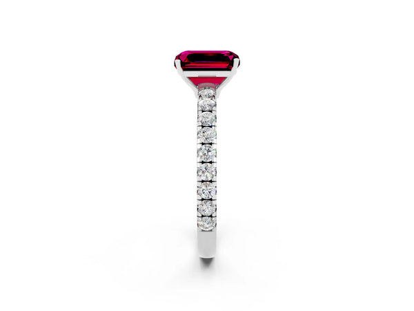 White gold Emerald Cut Garnet Pavé Solitaire Engagement Ring with Four-Prong Setting