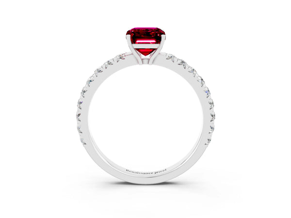 White gold Emerald Cut Garnet Pavé Solitaire Engagement Ring with Four-Prong Setting