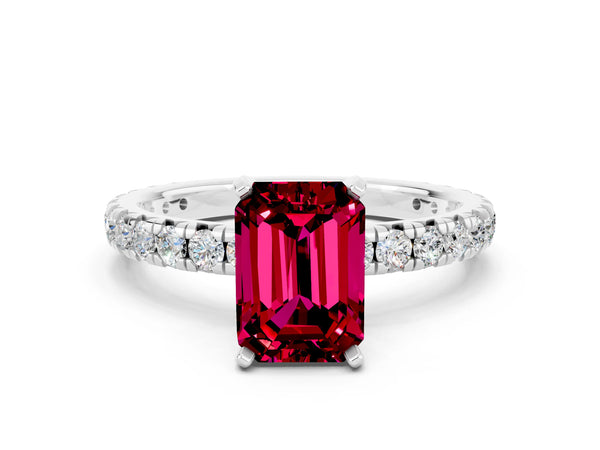 Platinum Emerald Cut Garnet Pavé Solitaire Ring with Round Band and Prong Setting