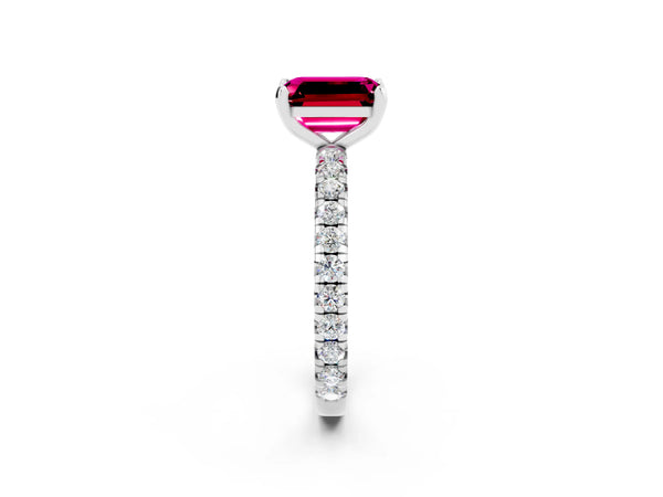 Platinum Emerald Cut Garnet Pavé Solitaire Ring with Round Band and Prong Setting