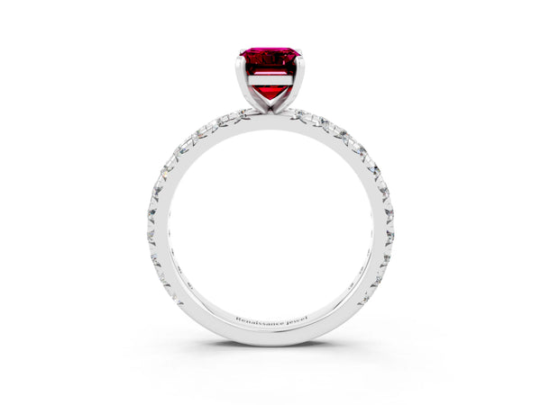 White gold Emerald Cut Garnet Pavé Solitaire Ring with Round Band and Prong Setting