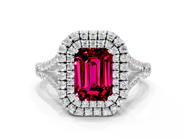 Platinum Emerald Cut Garnet Pavé Split Shank Double Halo Engagement Ring