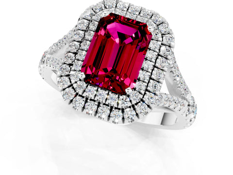 White gold Emerald Cut Garnet Pavé Split Shank Double Halo Engagement Ring_1