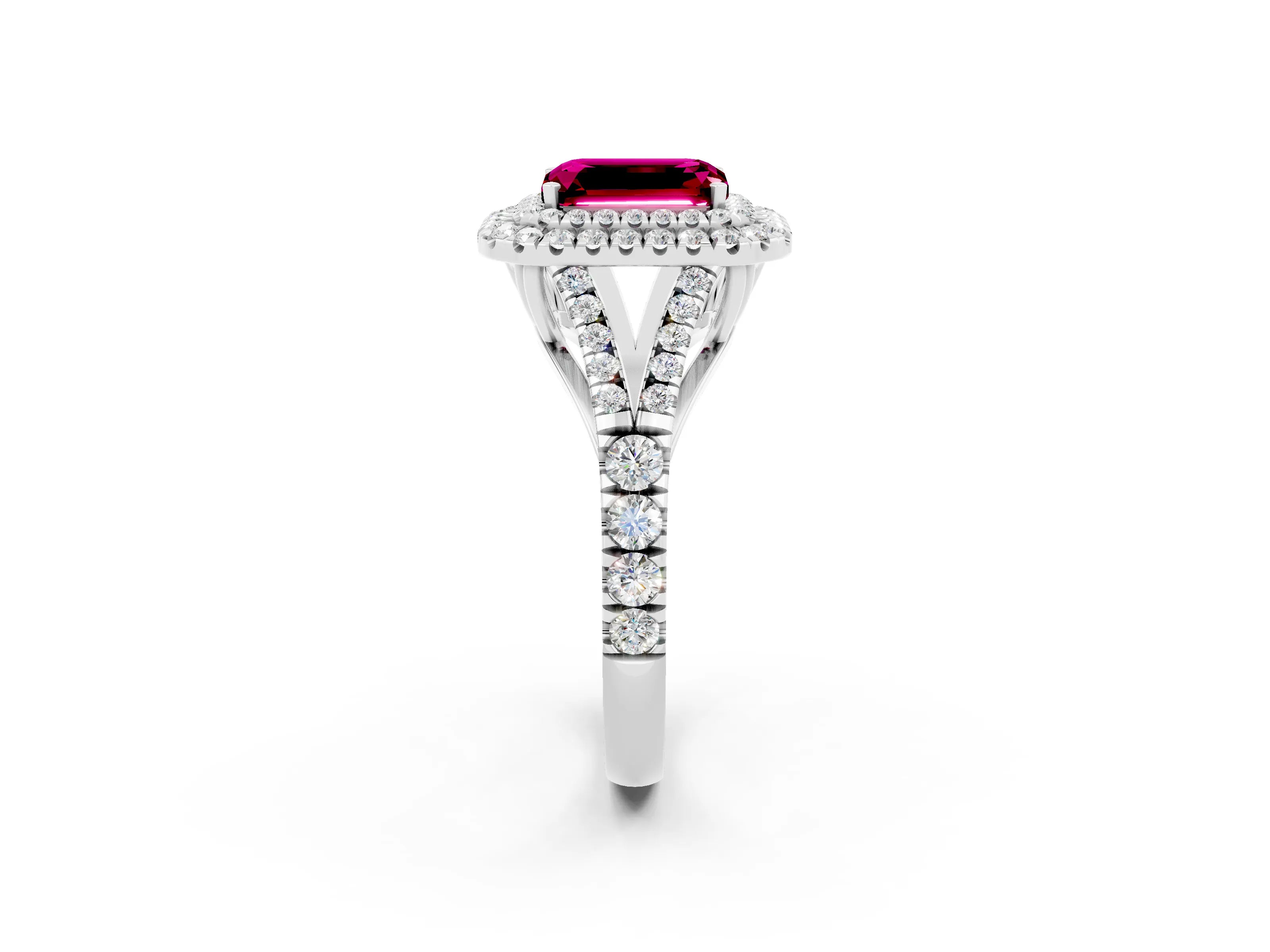 White gold Emerald Cut Garnet Pavé Split Shank Double Halo Engagement Ring_2