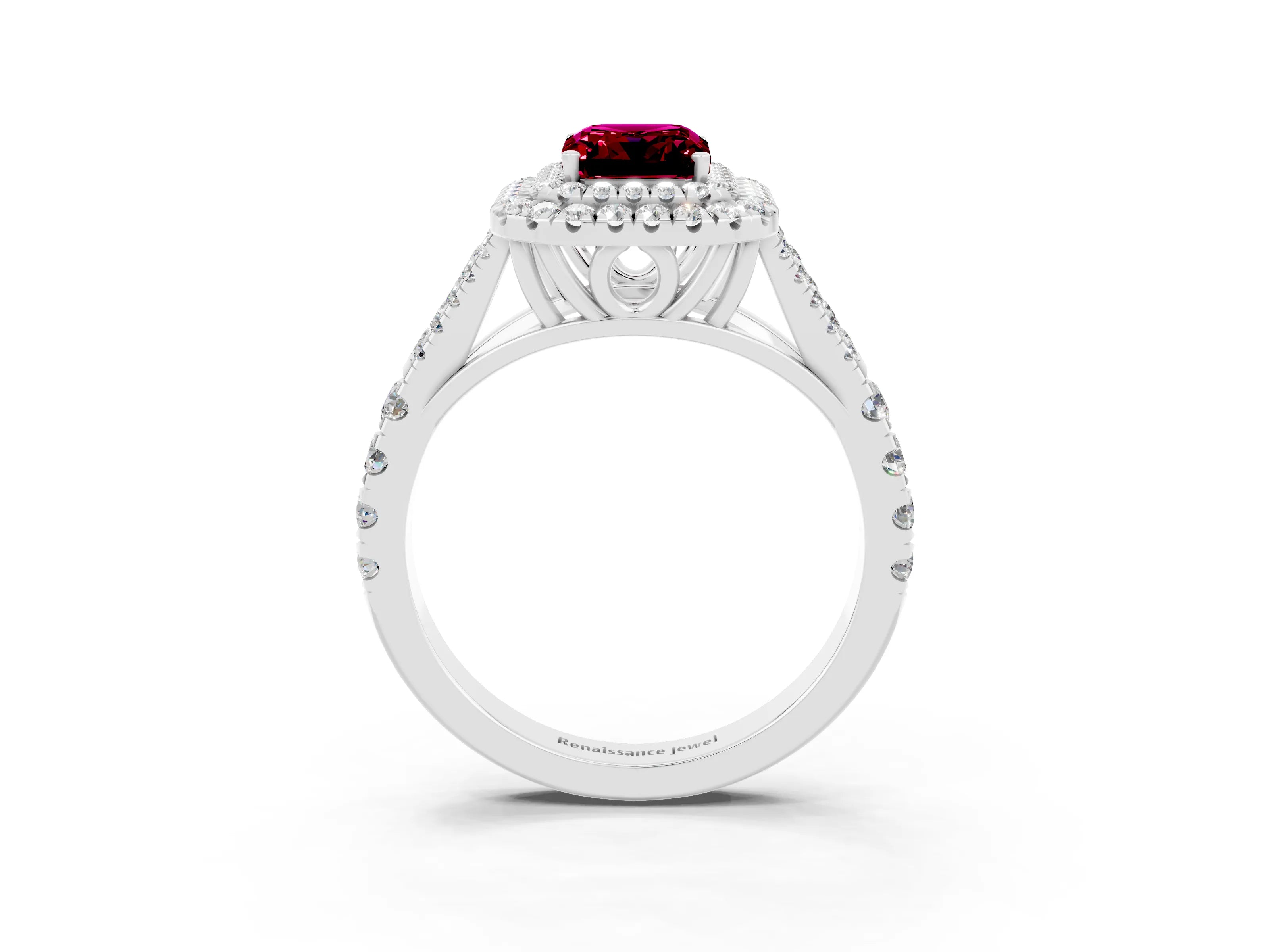 White gold Emerald Cut Garnet Pavé Split Shank Double Halo Engagement Ring_3