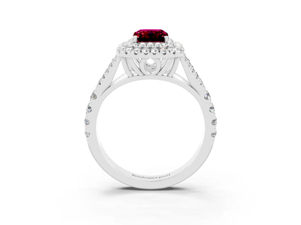 White gold Emerald Cut Garnet Pavé Split Shank Double Halo Engagement Ring