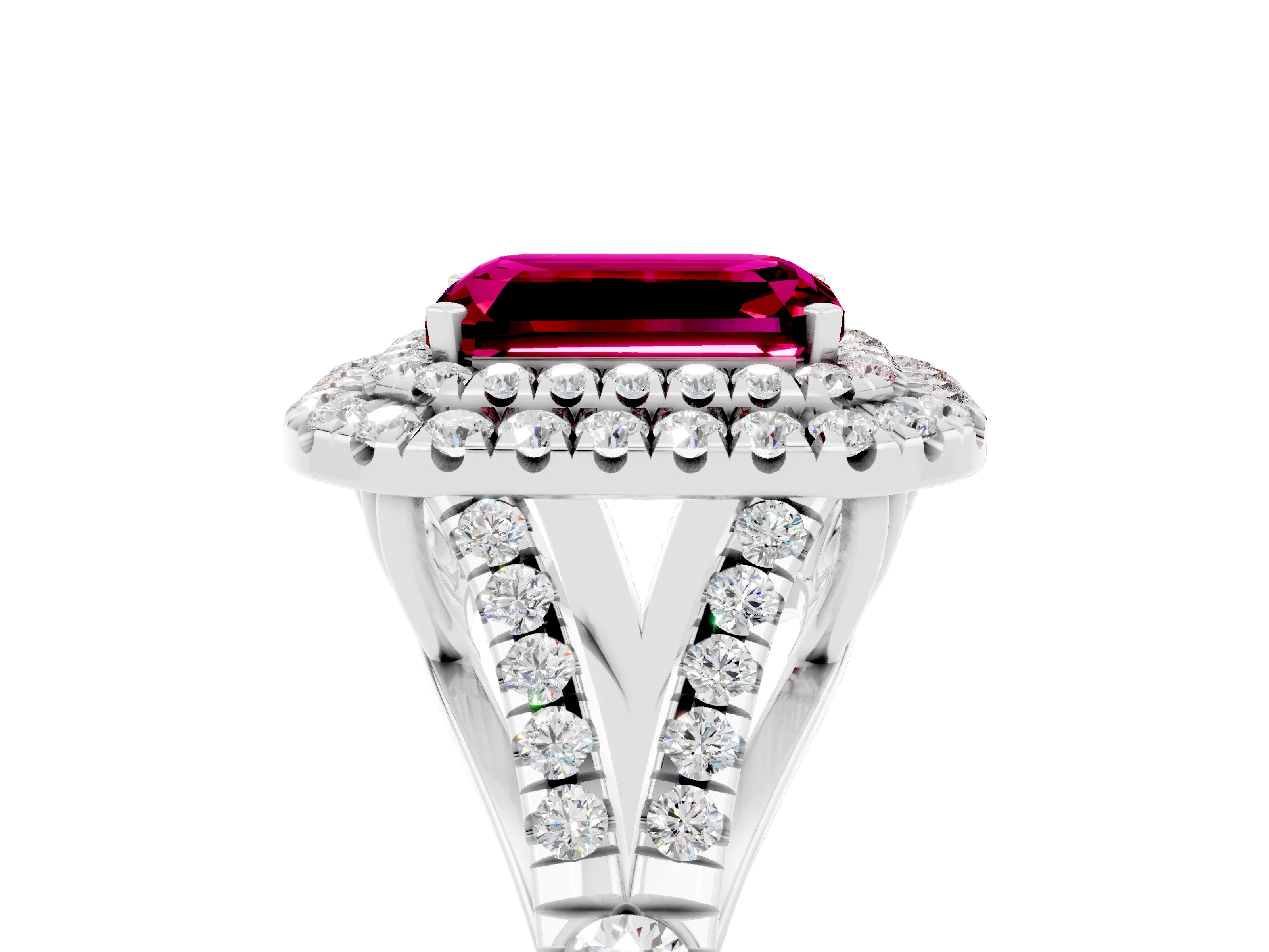 White gold Emerald Cut Garnet Pavé Split Shank Double Halo Engagement Ring_5
