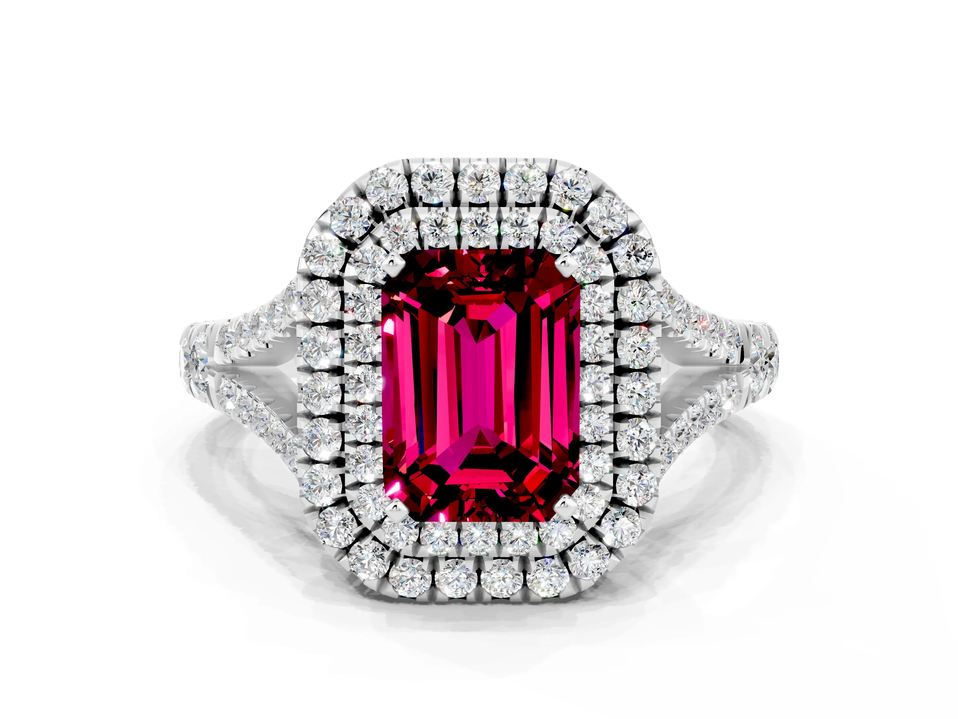 White gold Emerald Cut Garnet Pavé Split Shank Double Halo Engagement Ring