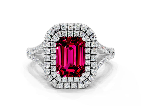 White gold Emerald Cut Garnet Pavé Split Shank Double Halo Engagement Ring