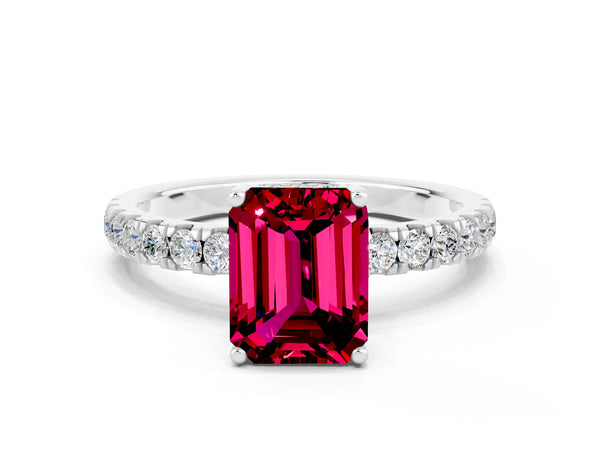 Silver Emerald Cut Garnet Pave Band Solitaire Ring with Round  and Prong Setting