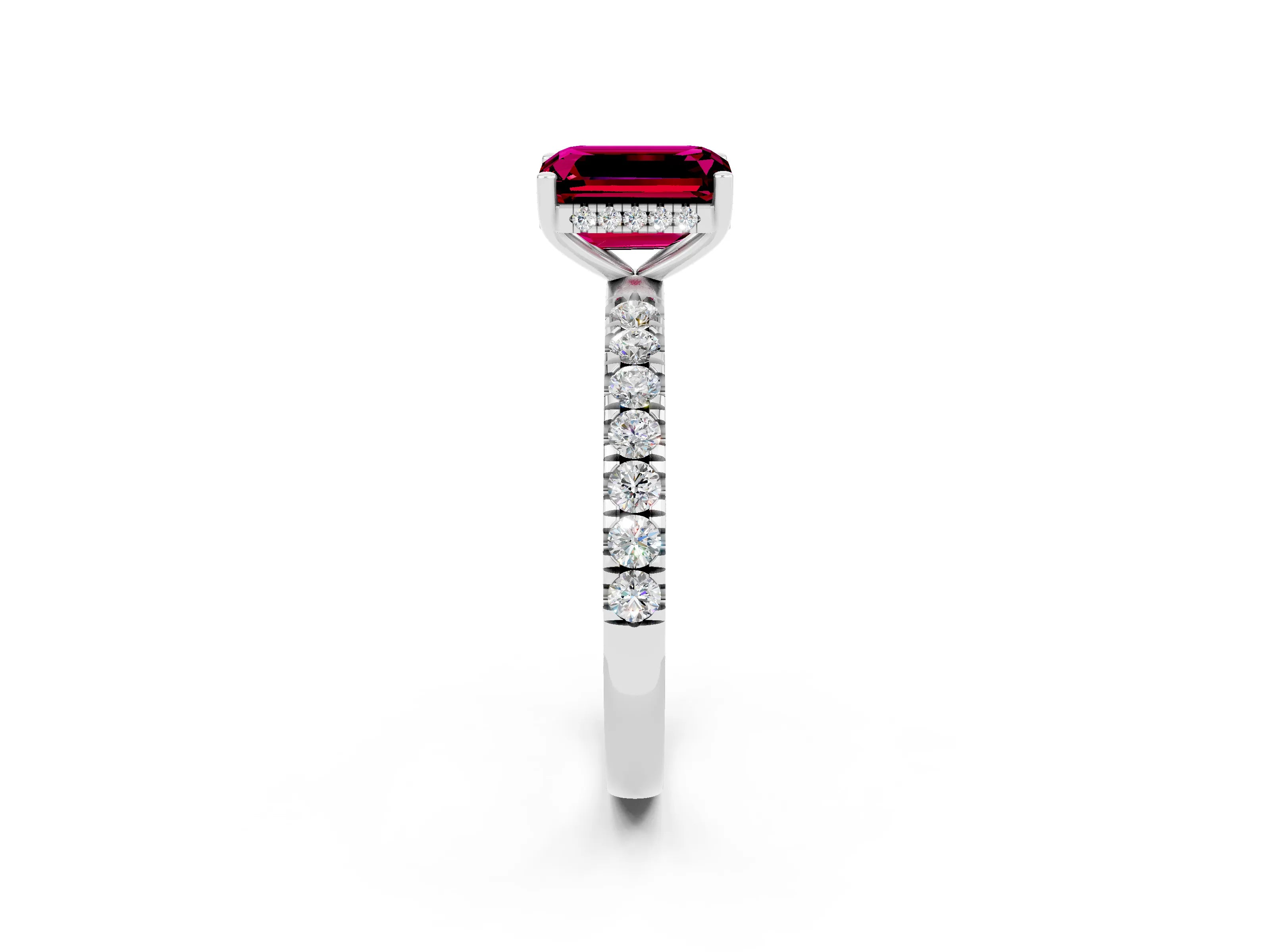 White gold Emerald Cut Garnet Pave Band Solitaire Ring with Four-Prong Setting_26