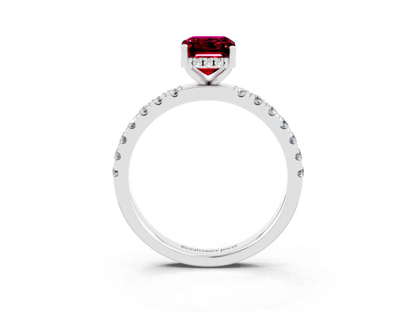 Platinum Emerald Cut Garnet Pave Band Solitaire Ring with Round  and Prong Setting