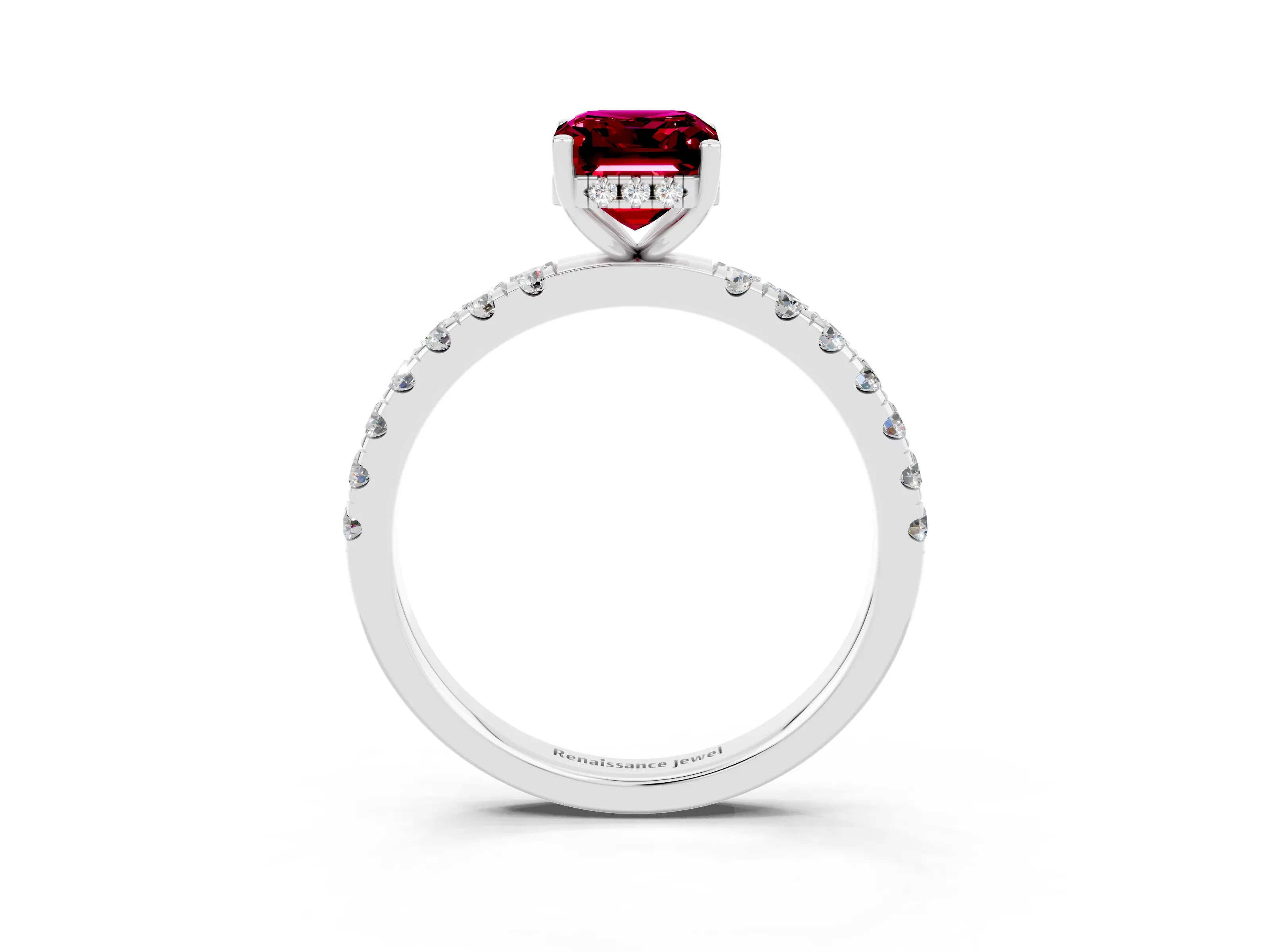 White gold Emerald Cut Garnet Pave Band Solitaire Ring with Four-Prong Setting_27