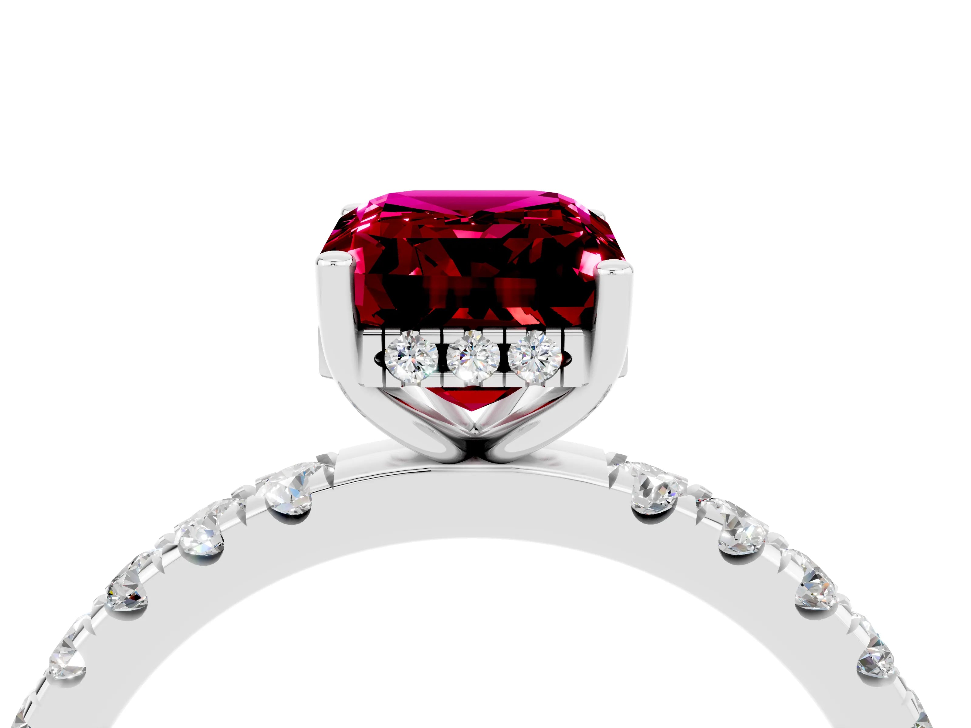 White gold Emerald Cut Garnet Pave Band Solitaire Ring with Four-Prong Setting_28