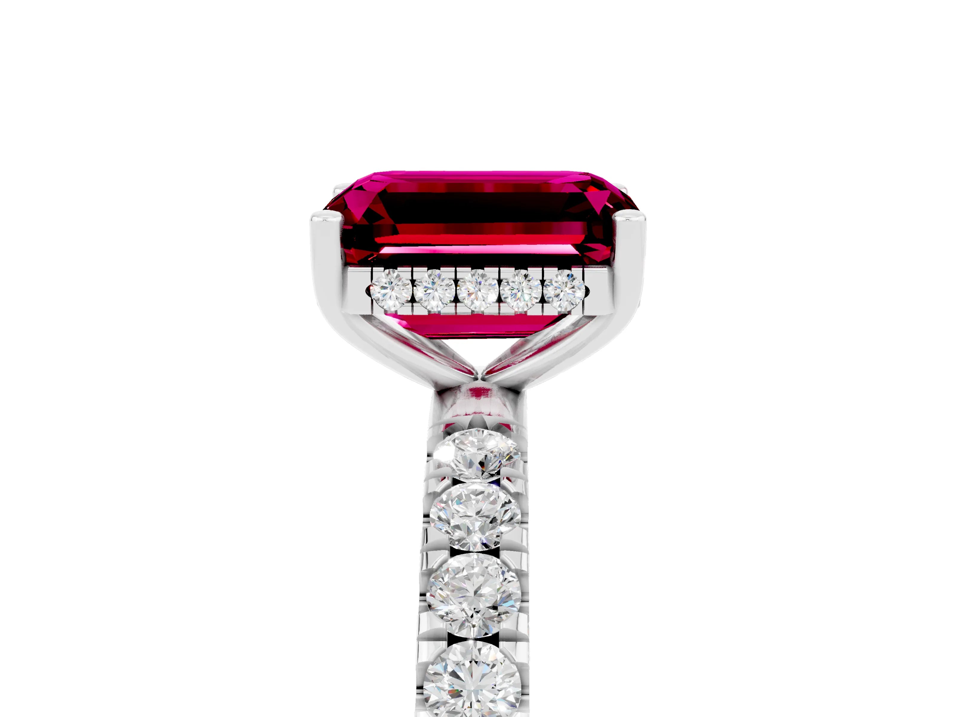 White gold Emerald Cut Garnet Pave Band Solitaire Ring with Four-Prong Setting_29