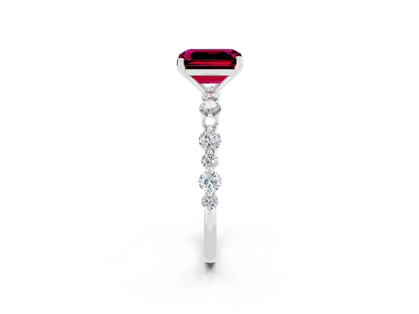 Platinum Emerald Cut Garnet Prong Set Engagement Ring with Pavé Band