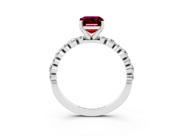 Silver Emerald Cut Garnet Prong Set Engagement Ring with Pavé Band