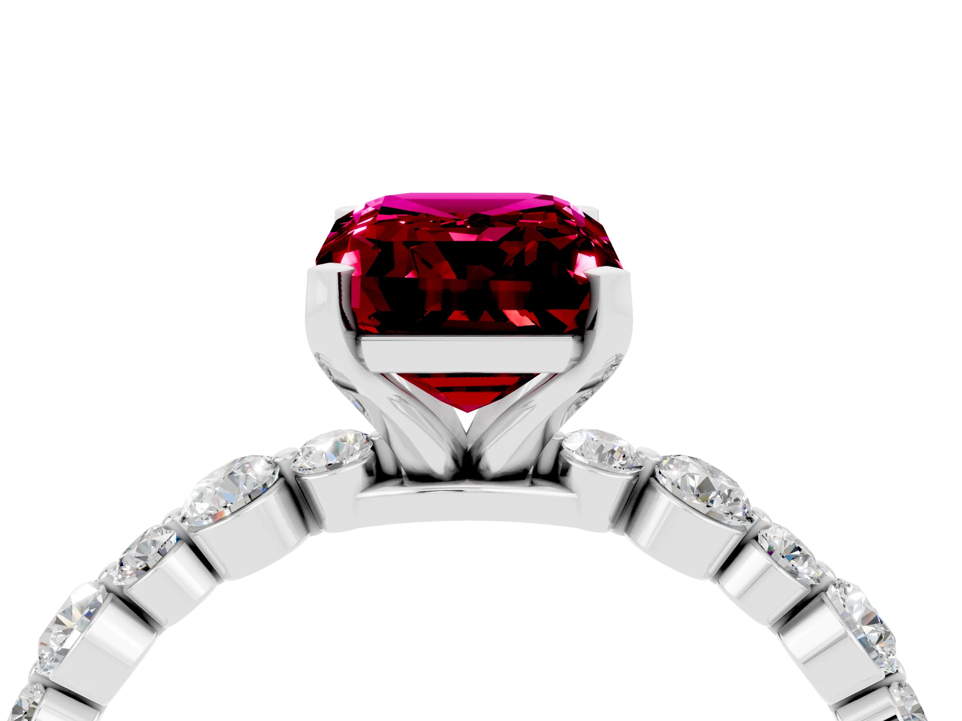 White gold Emerald Cut Garnet Prong Set Engagement Ring with Pavé Band_4